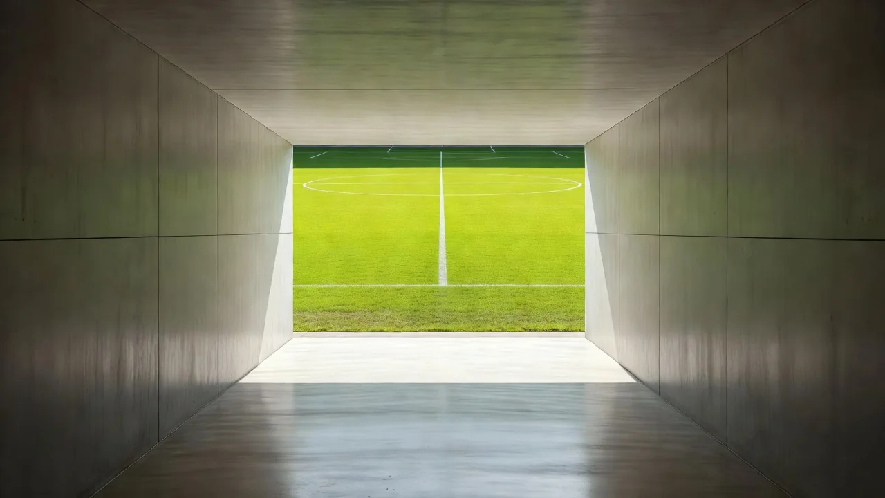 Empty stadium tunnel opening onto a bright vivid pitch
