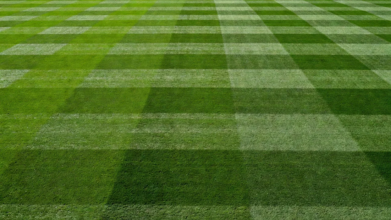 Green grass pitch stripes mown in alternating bands from above