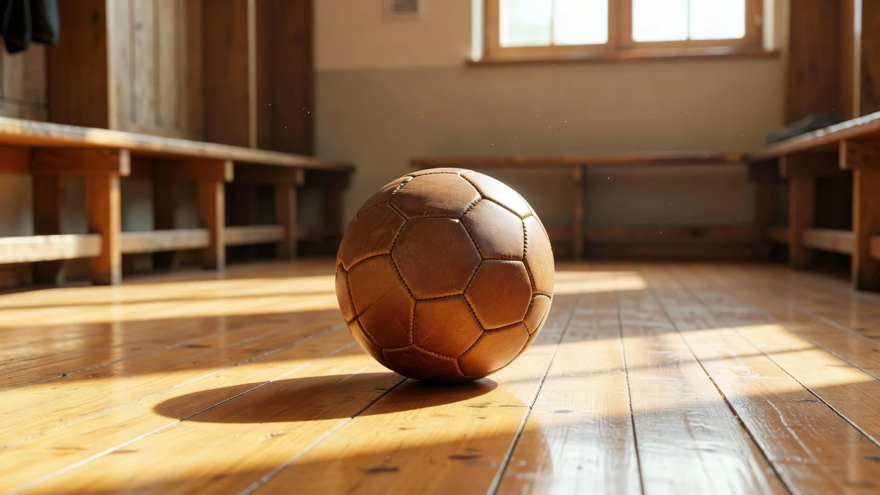 Leather vintage football on a bright wooden locker room floor