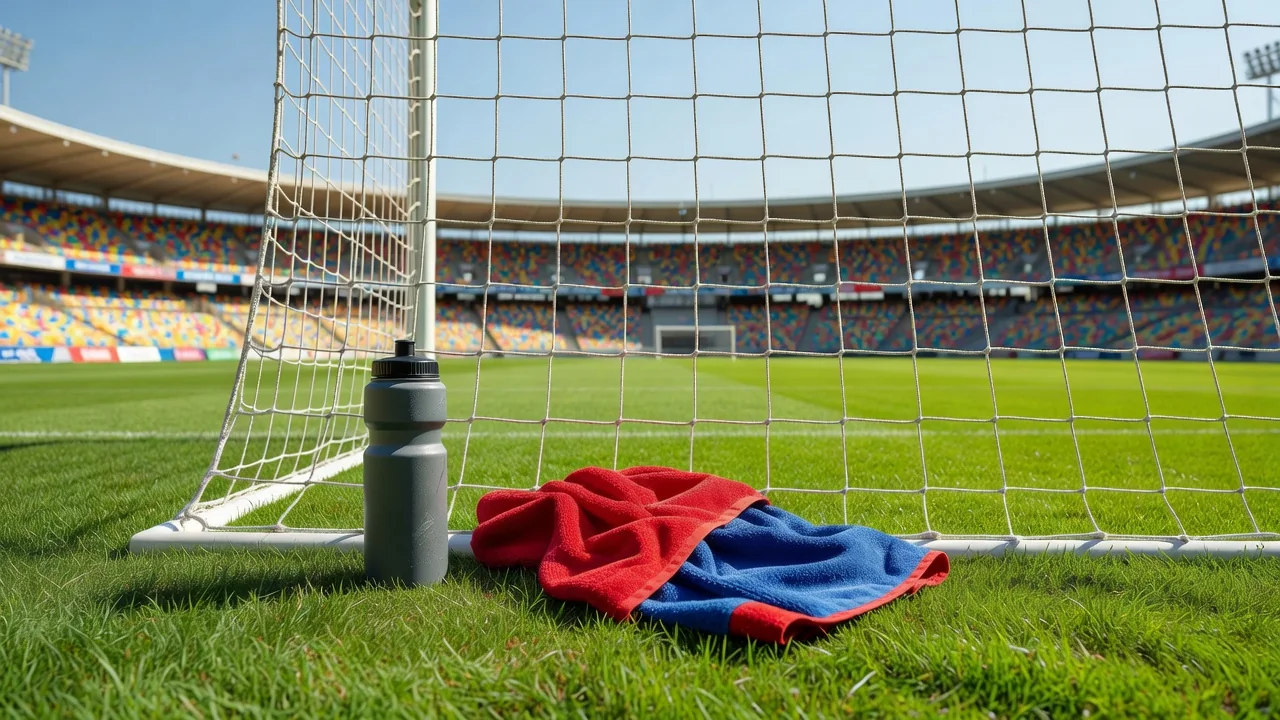 Soccer goal side netting casting shadows on vivid grass in bright sun