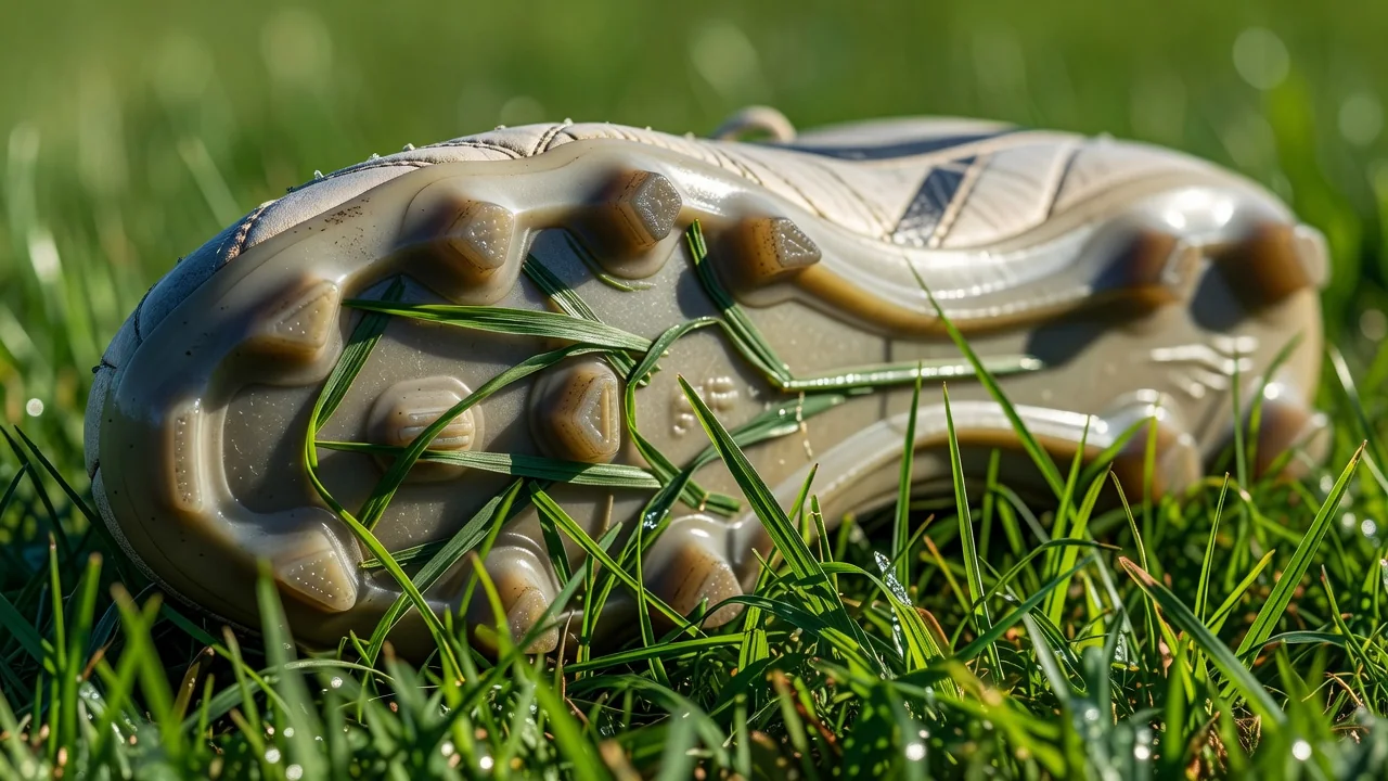 Studs of a football boot sole in bright macro with grass blades