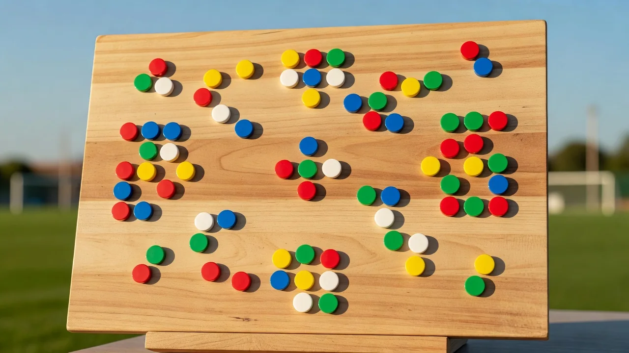 Wooden tactics board with plain coloured magnets in bright daylight
