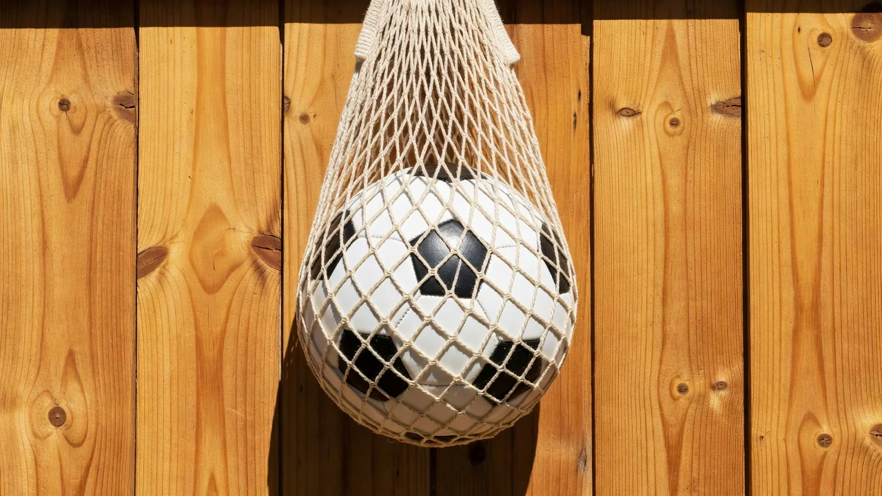 Soccer ball in a string carry bag on a bright wooden fence