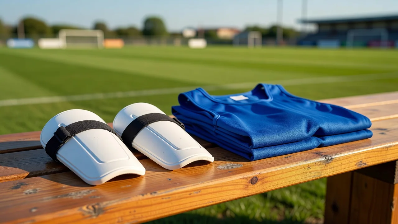 Shin pads and a folded training bib on a bright wooden bench