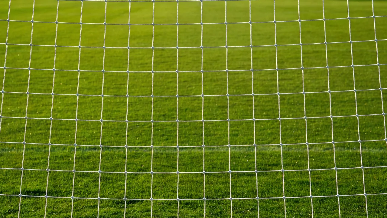 Crisp white goal net in bright backlight on a vivid green pitch