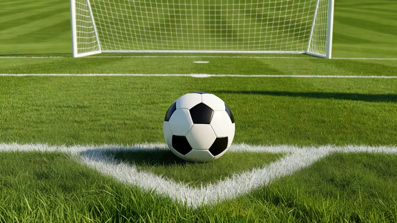 Soccer ball on a penalty spot with the goal behind in daylight