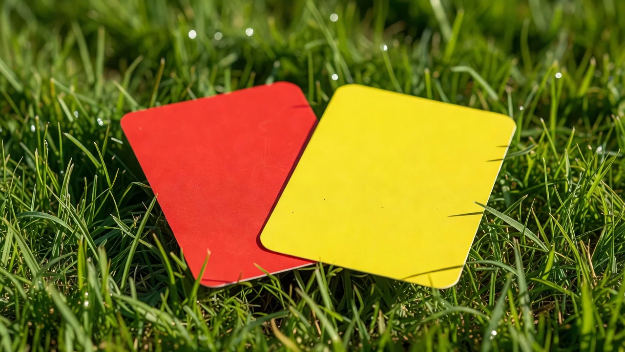 Red and yellow referee cards lying on vivid grass in bright light