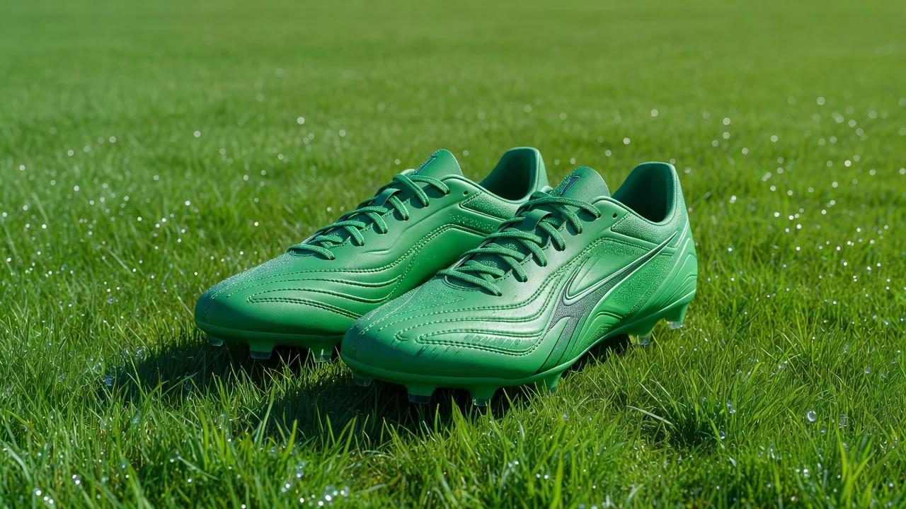 Football boots on dewy grass in bright morning sunlight