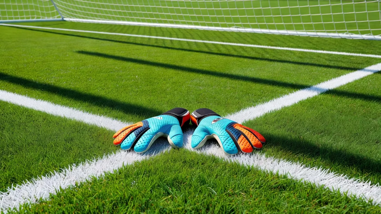 Goalkeeper gloves resting on a goal line in bright daylight