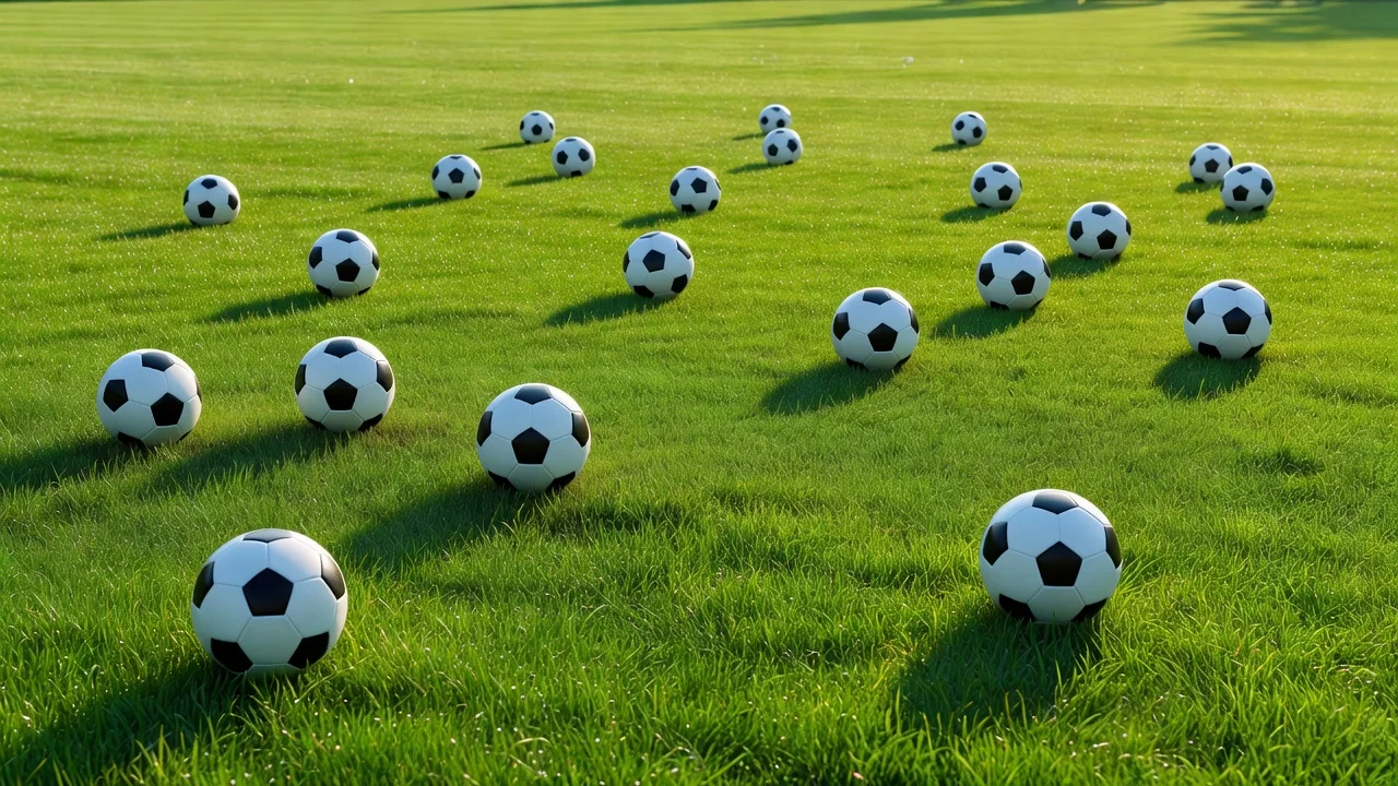 Training ground with soccer balls scattered on vivid grass in morning sun