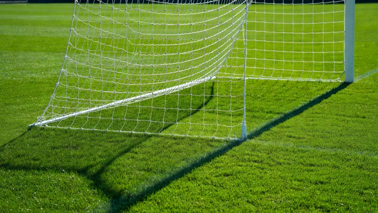 Football stadium grass with dew sparkling in bright morning sun