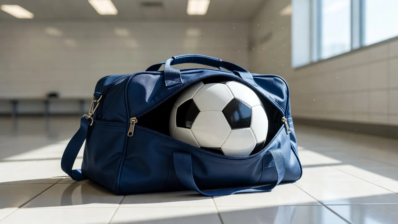 Soccer ball in a puddle reflection on a bright pitch after rain