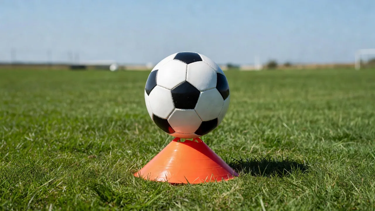 Soccer ball frozen mid-flight toward a goal in bright daylight