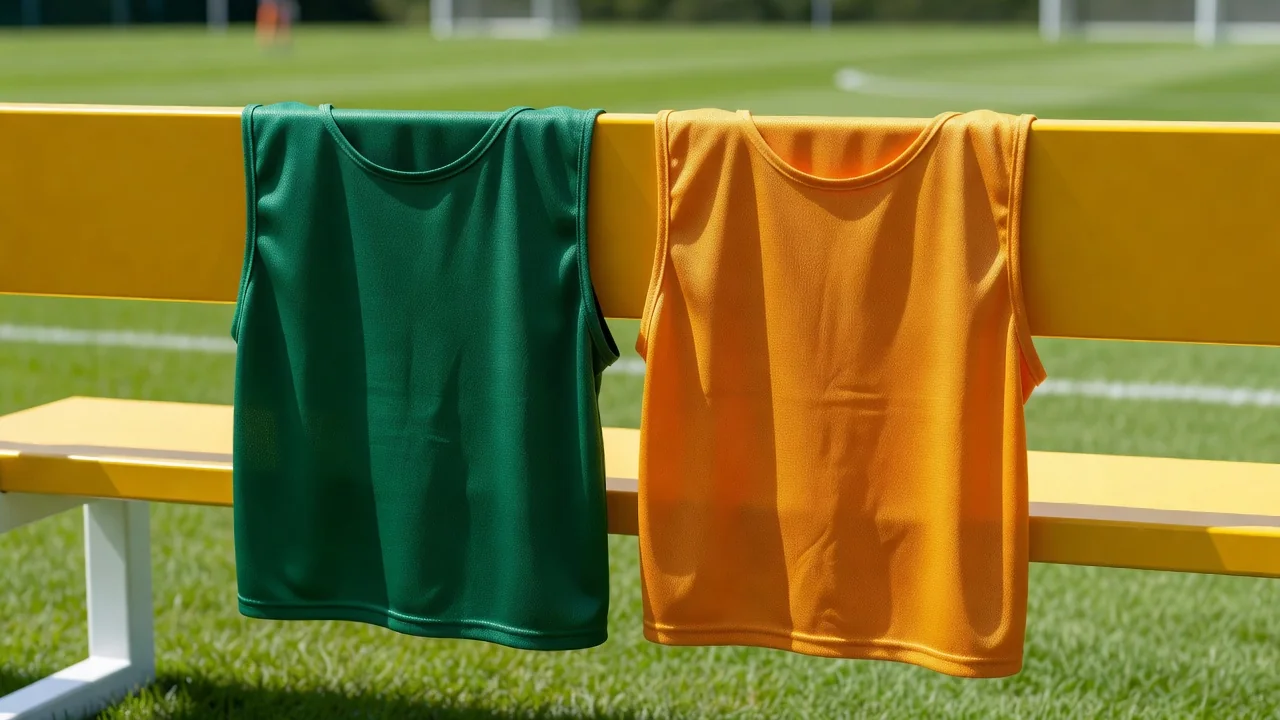 Two footballs facing each other on the centre spot in bright daylight
