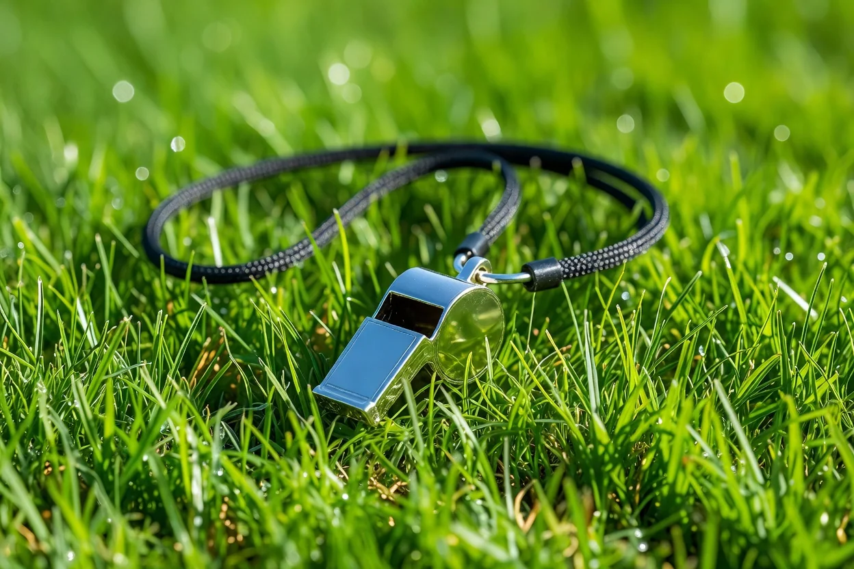 Referee whistle lying on vivid green grass in bright light