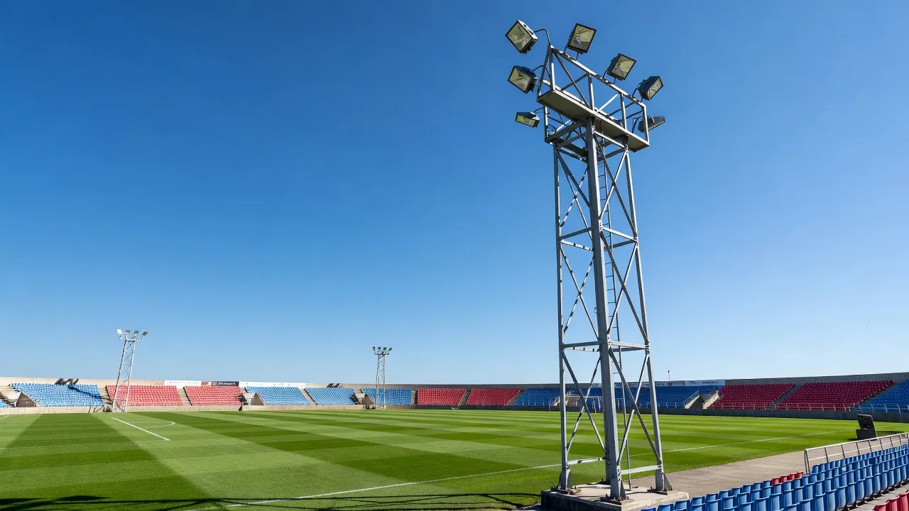Bright metal floodlight pylon against a clear sky over a stadium