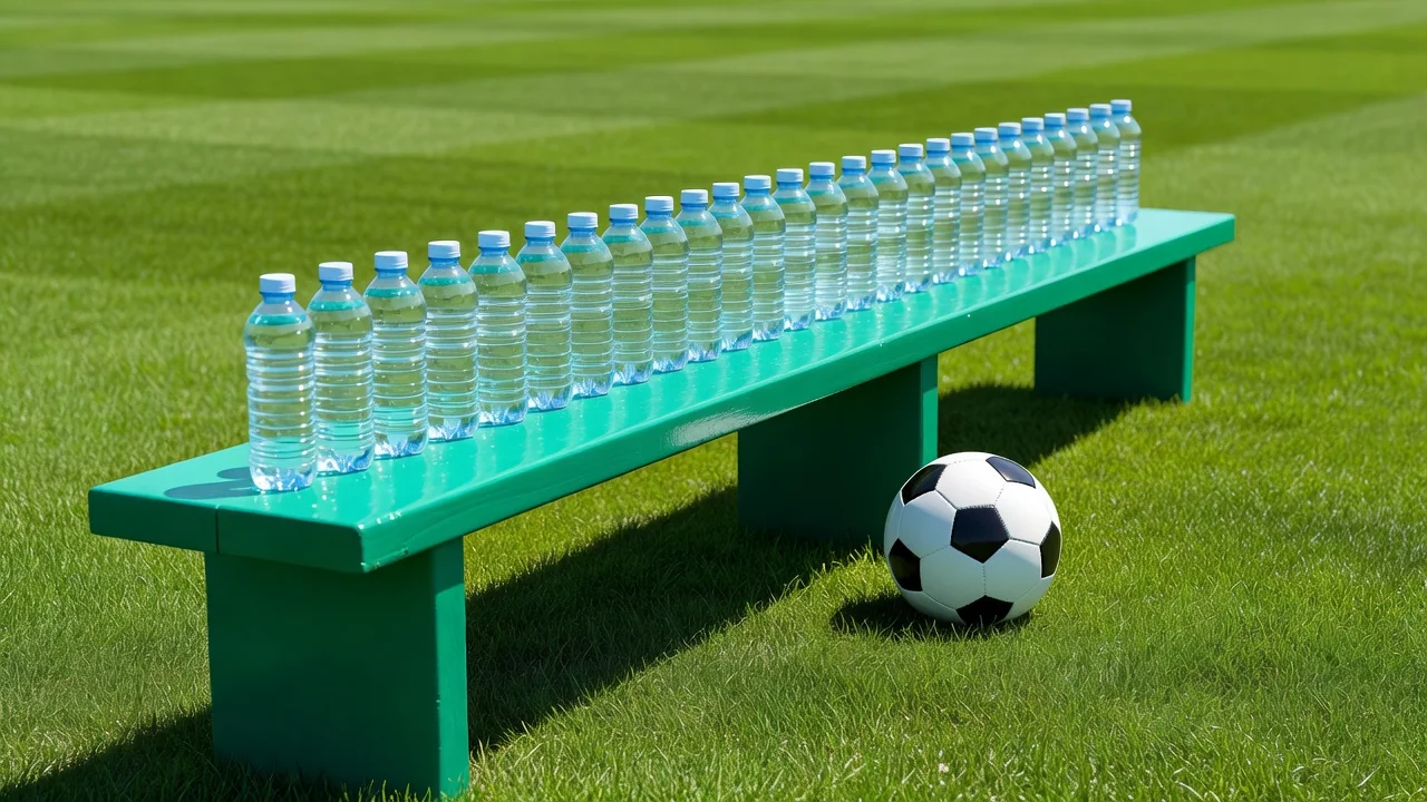 Water bottles and a soccer ball on a bright team bench