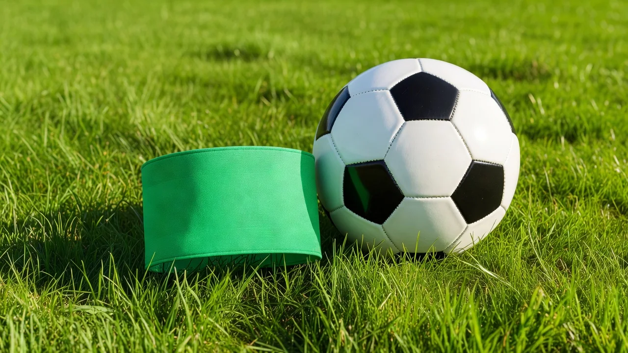 Captain armband in plain green lying on bright grass beside a ball