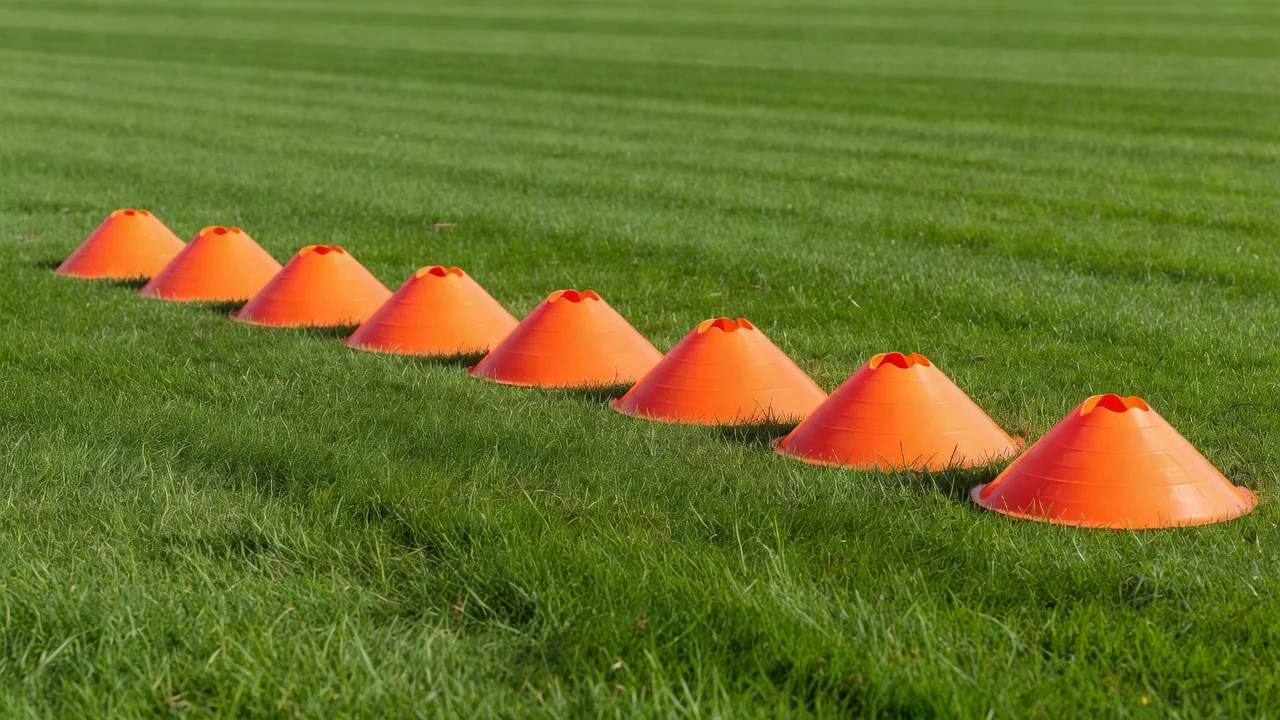 Orange training cones on vivid green grass in sunlight
