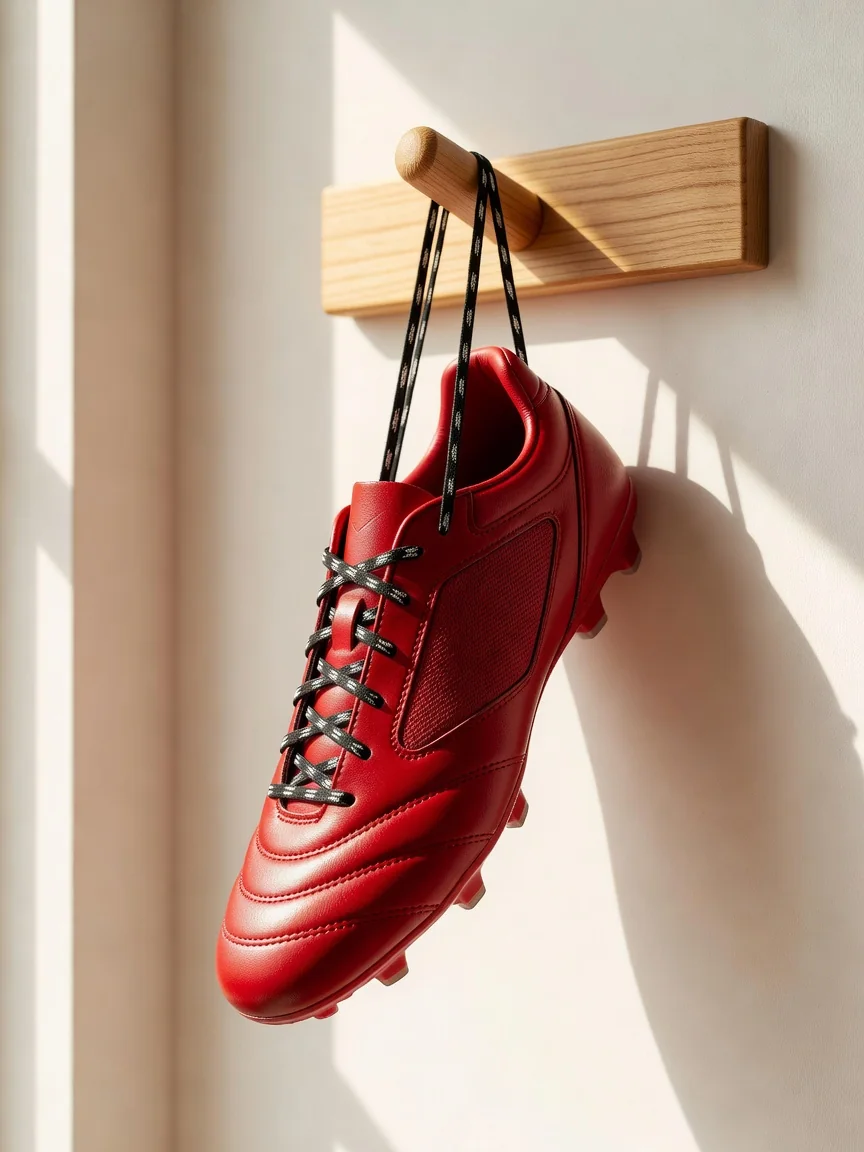 Pair of plain football socks rolled up beside boots on a bright wooden floor