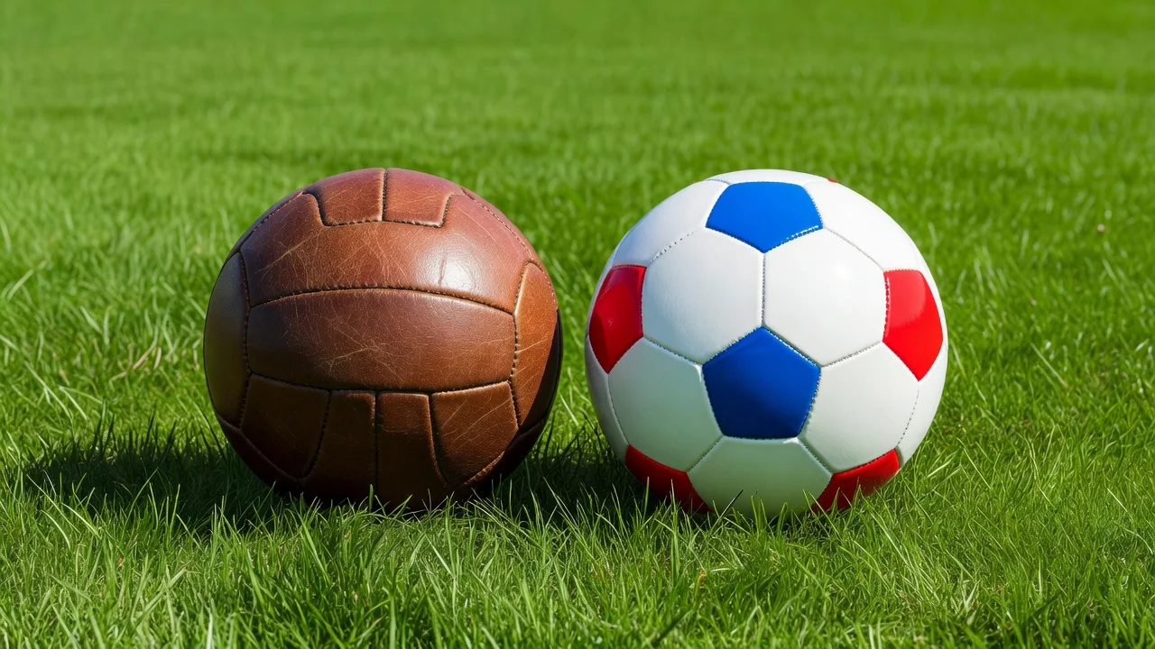 Close-up of a soccer ball's leather panels in bright window light