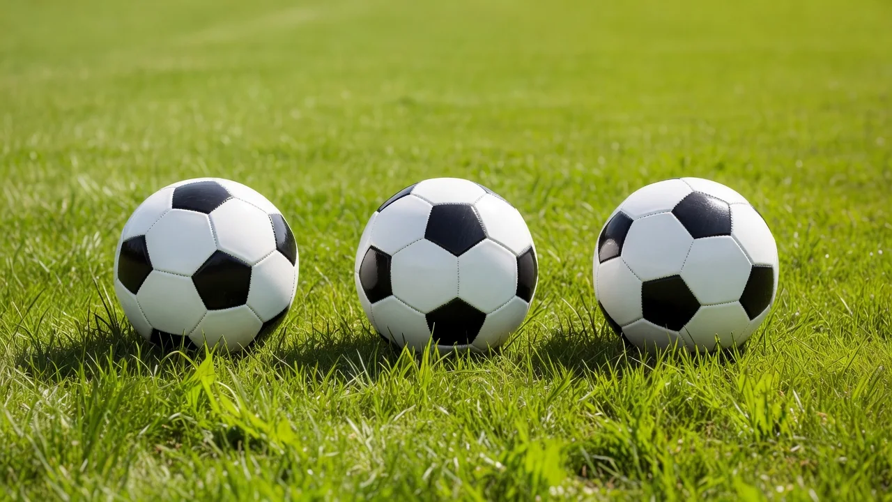 Three footballs standing in a row on bright green grass