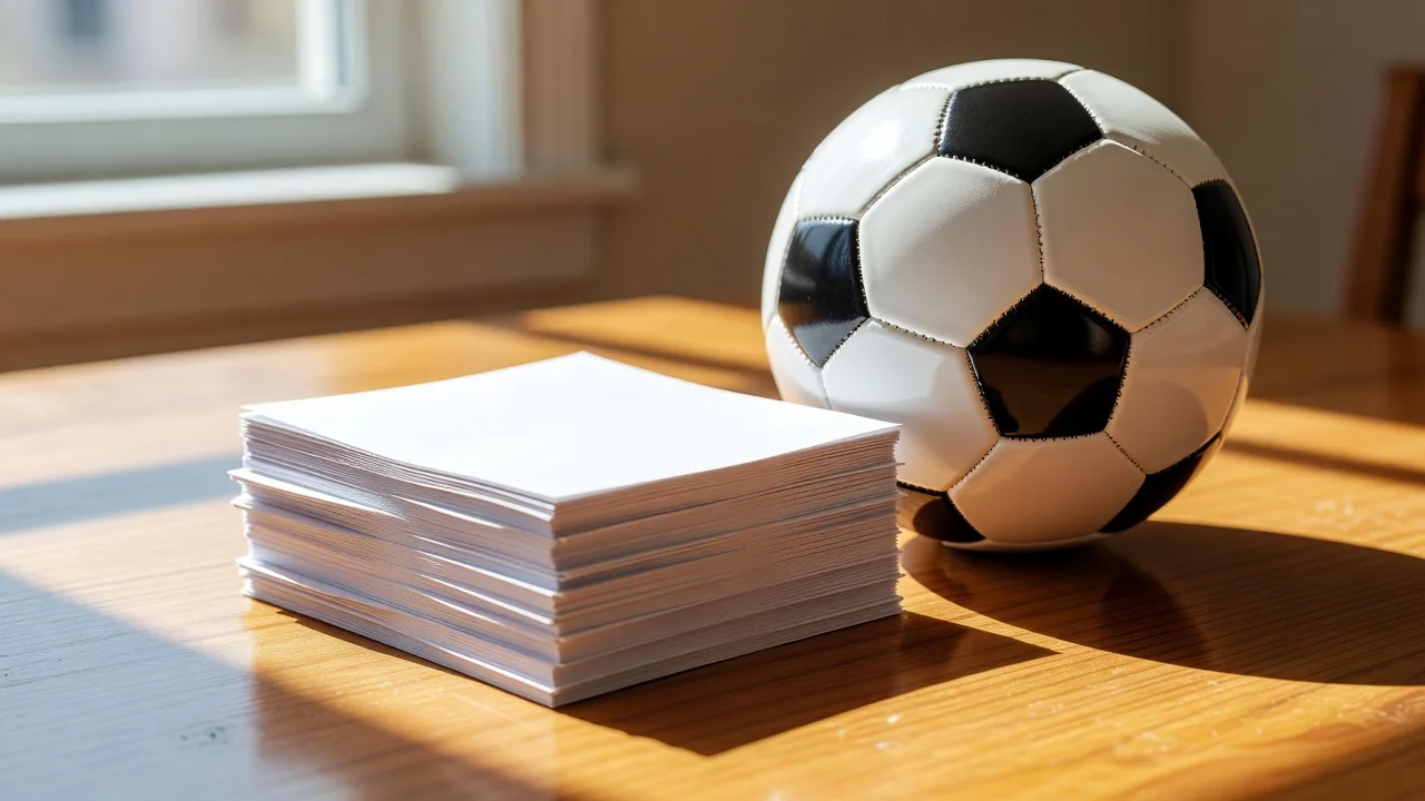 Neat stack of blank white paper slips beside a football on a bright table