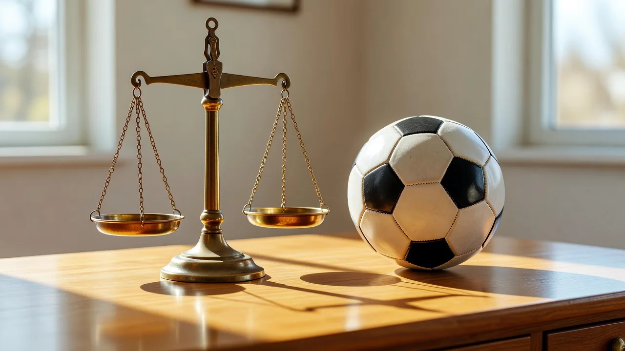 Vintage brass balance scale beside a football on a bright desk