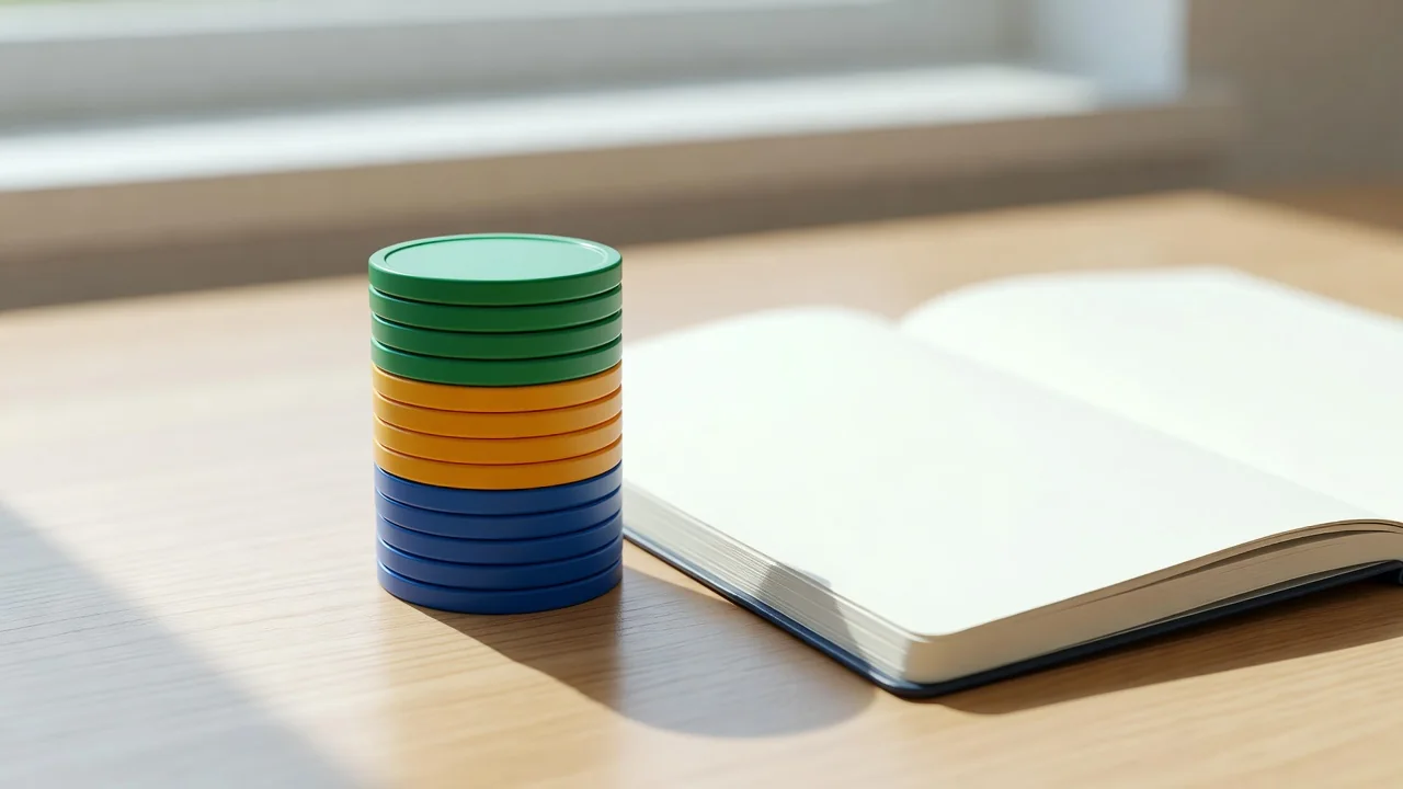 Stack of plain coloured chips beside an open notebook on a bright desk