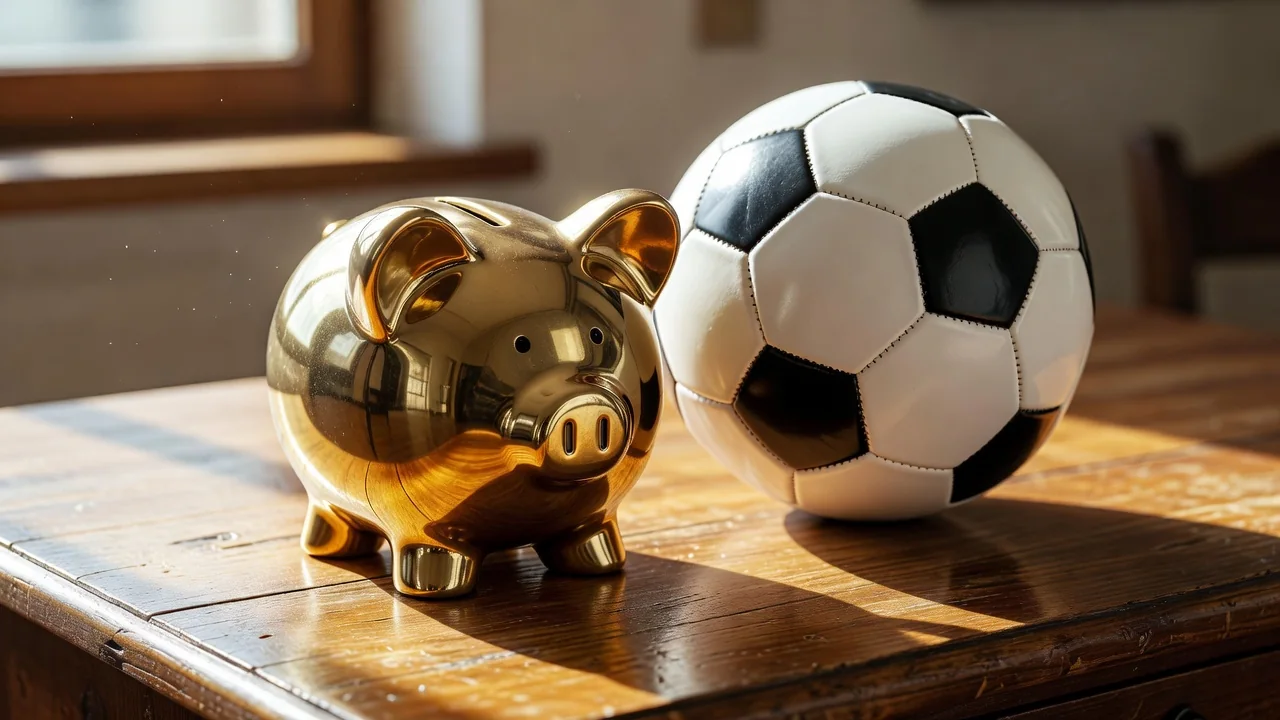 Brass piggy bank beside a football on a sunlit wooden desk