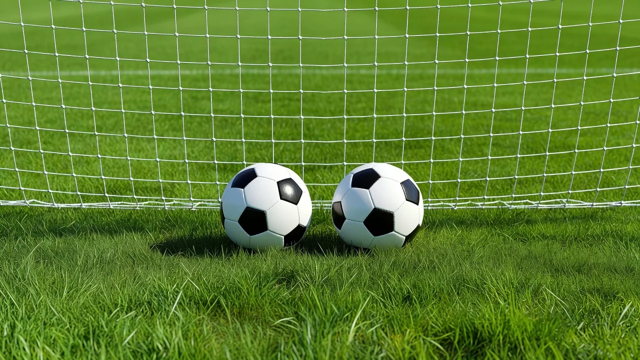 Two footballs side by side in front of a white goal net in daylight
