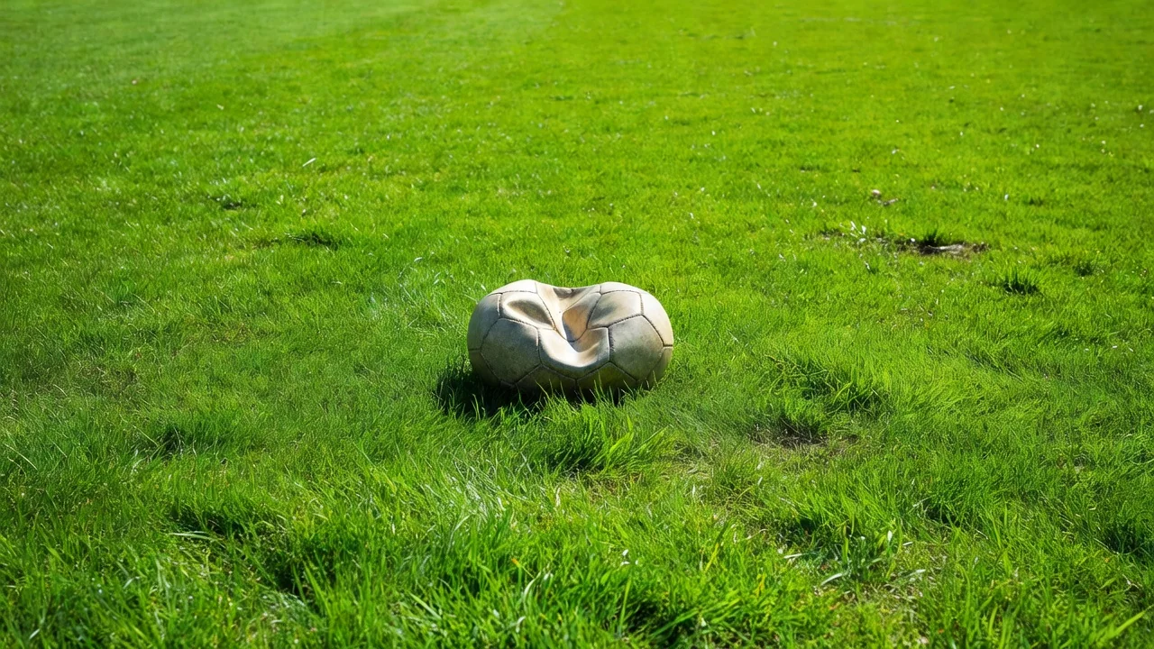 Deflated football lying alone on bright green grass