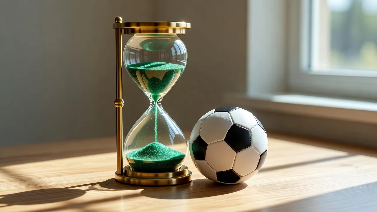 Hourglass with green sand beside a small football on a bright desk