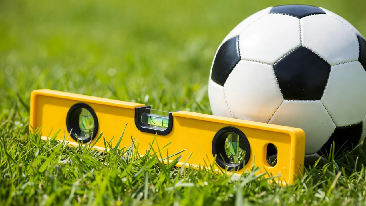Spirit level lying on bright grass next to a football