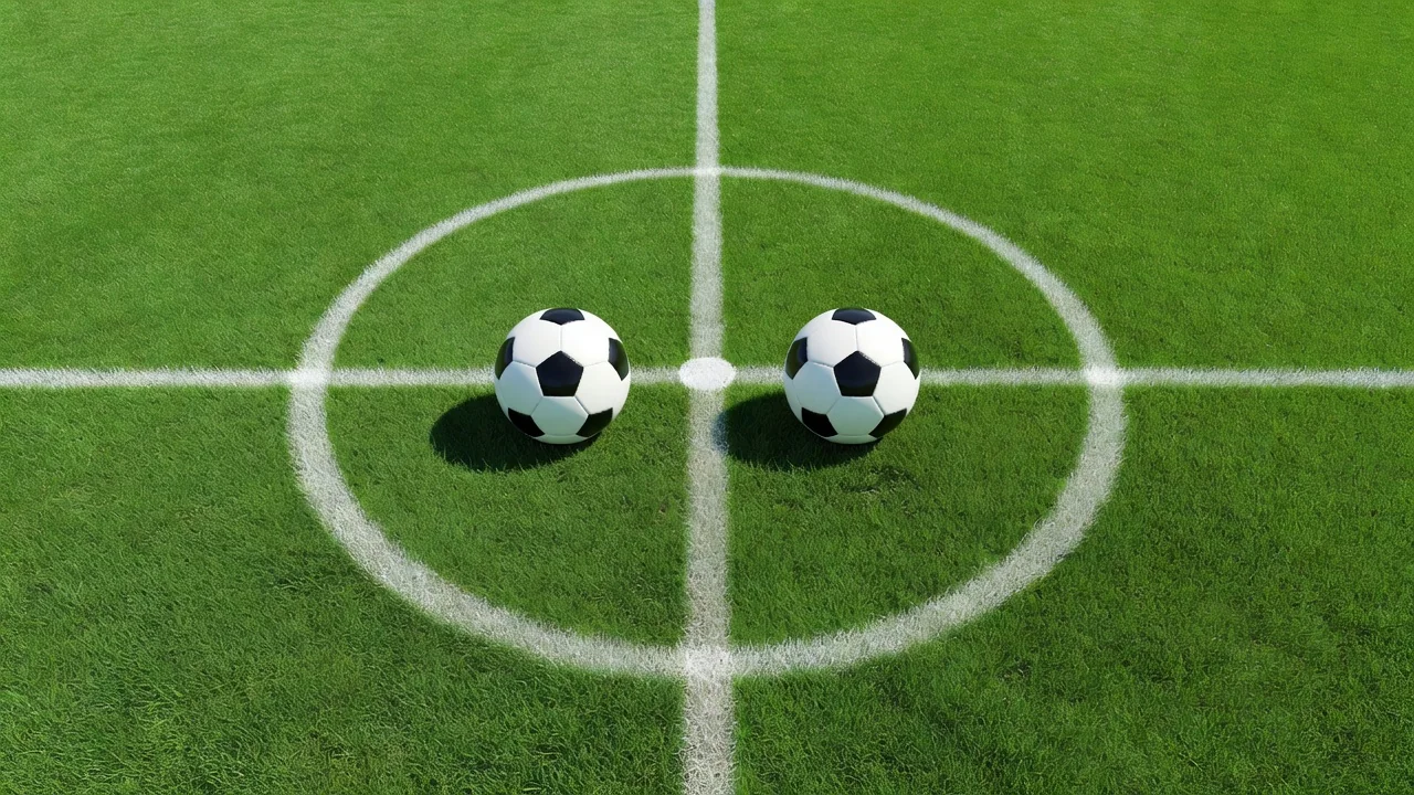 Two footballs facing each other on the centre spot in bright daylight