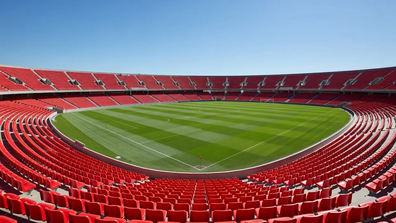 Empty sunlit football stadium with red seats and a vivid green pitch