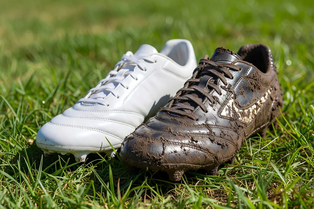 Two football boots side by side, one clean and one muddy, on bright grass