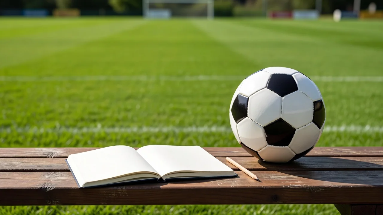 Open notebook and pencil beside a football on a sunlit pitchside bench