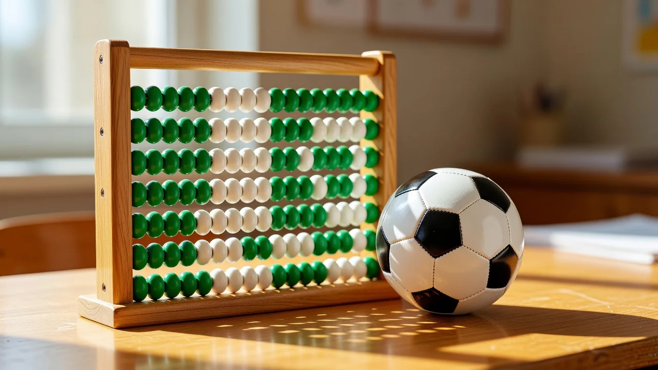 Wooden abacus with green and white beads beside a football in daylight