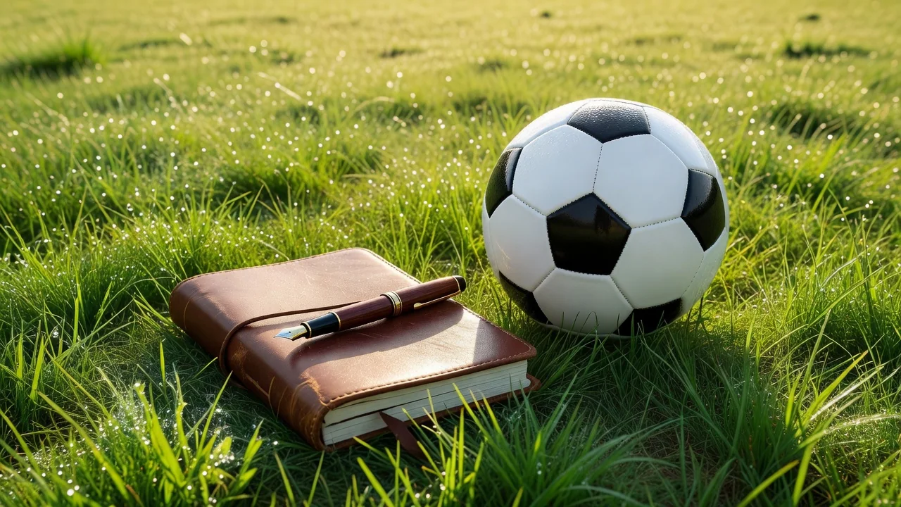 Leather ledger with a pen resting on it next to a football on bright grass
