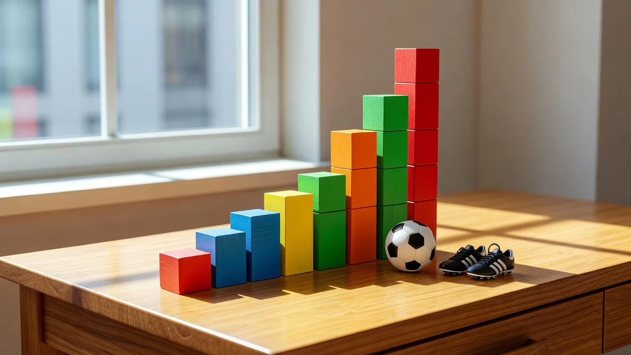 Coloured wooden blocks forming a rising bar chart on a bright desk
