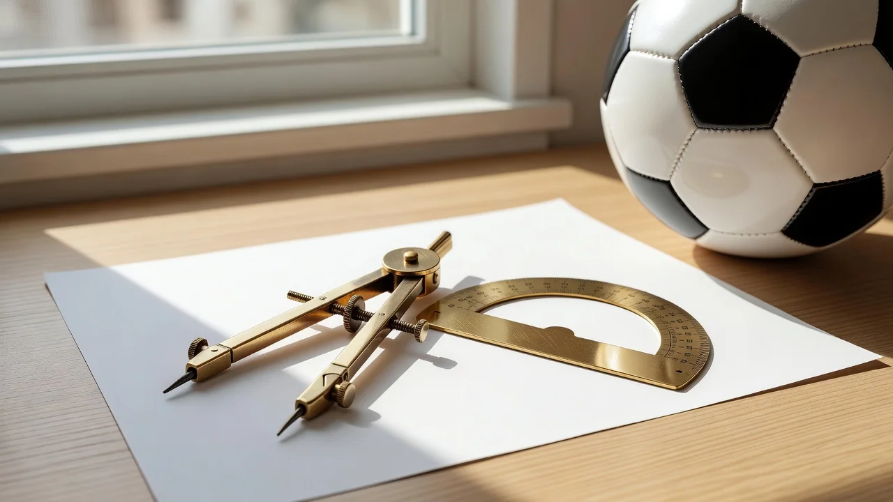 Brass compass and protractor resting on blank paper in bright light