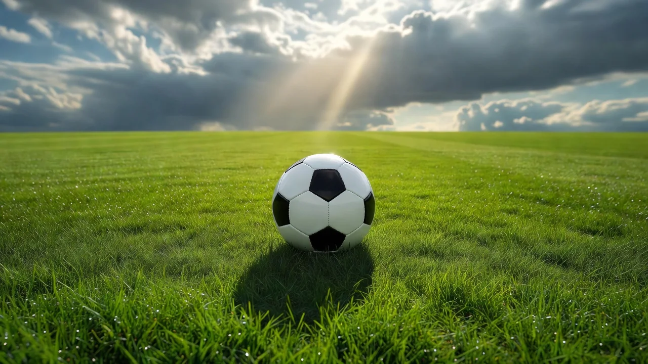 Football on a pitch under a bright sunbeam breaking through clouds