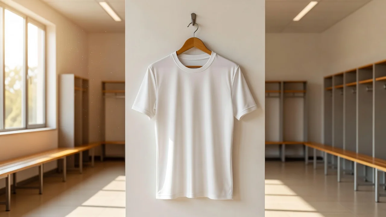 Plain football shirt hanging in an empty bright dressing room