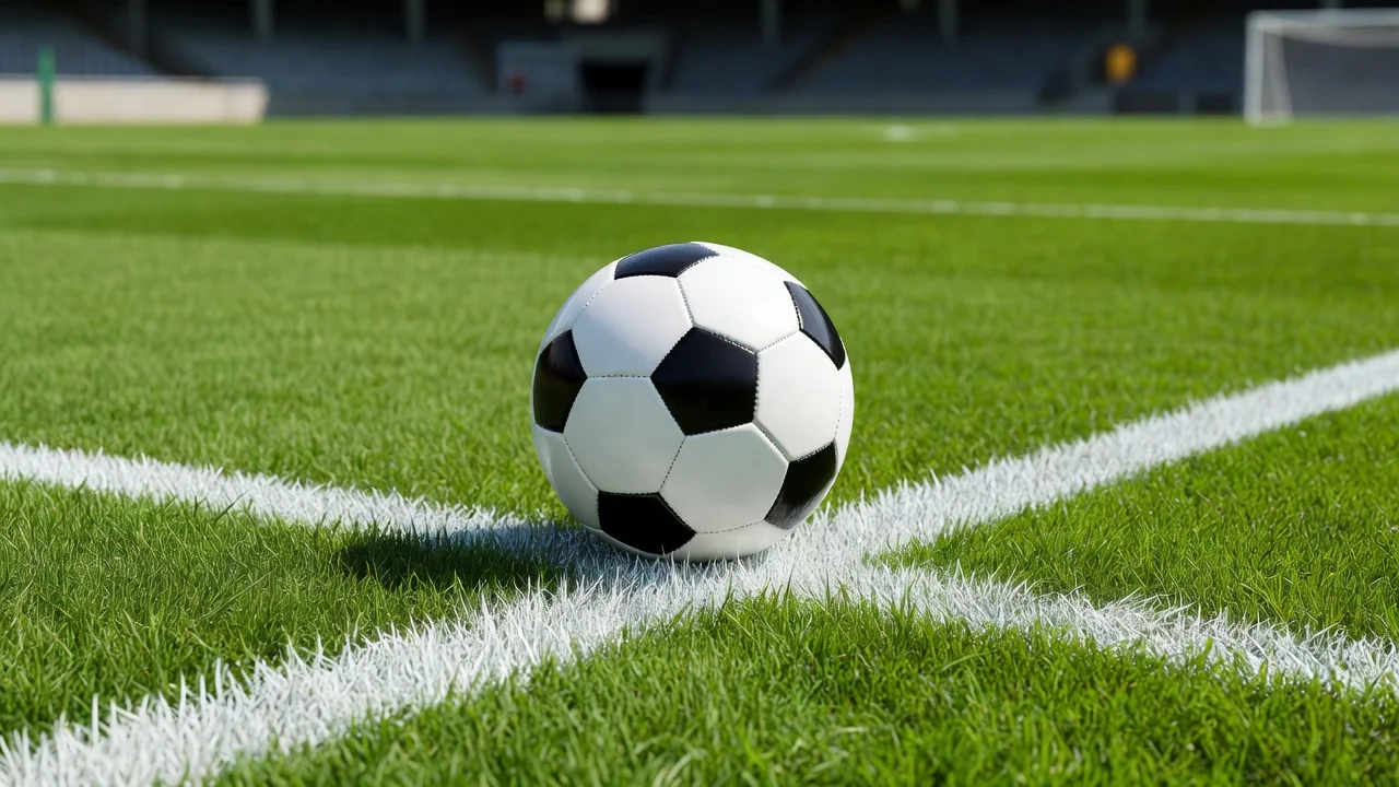 Football resting on the white goal line in bright sunlight
