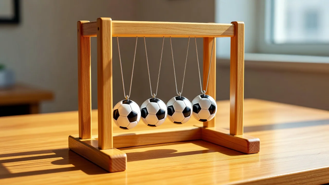 Newton cradle with small footballs on a bright wooden desk