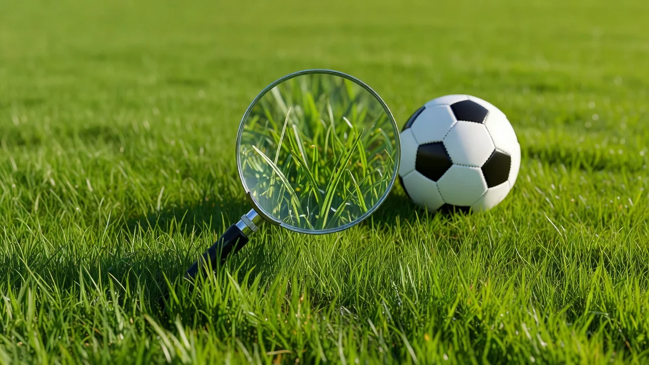 Magnifying glass hovering over vivid green pitch grass beside a ball