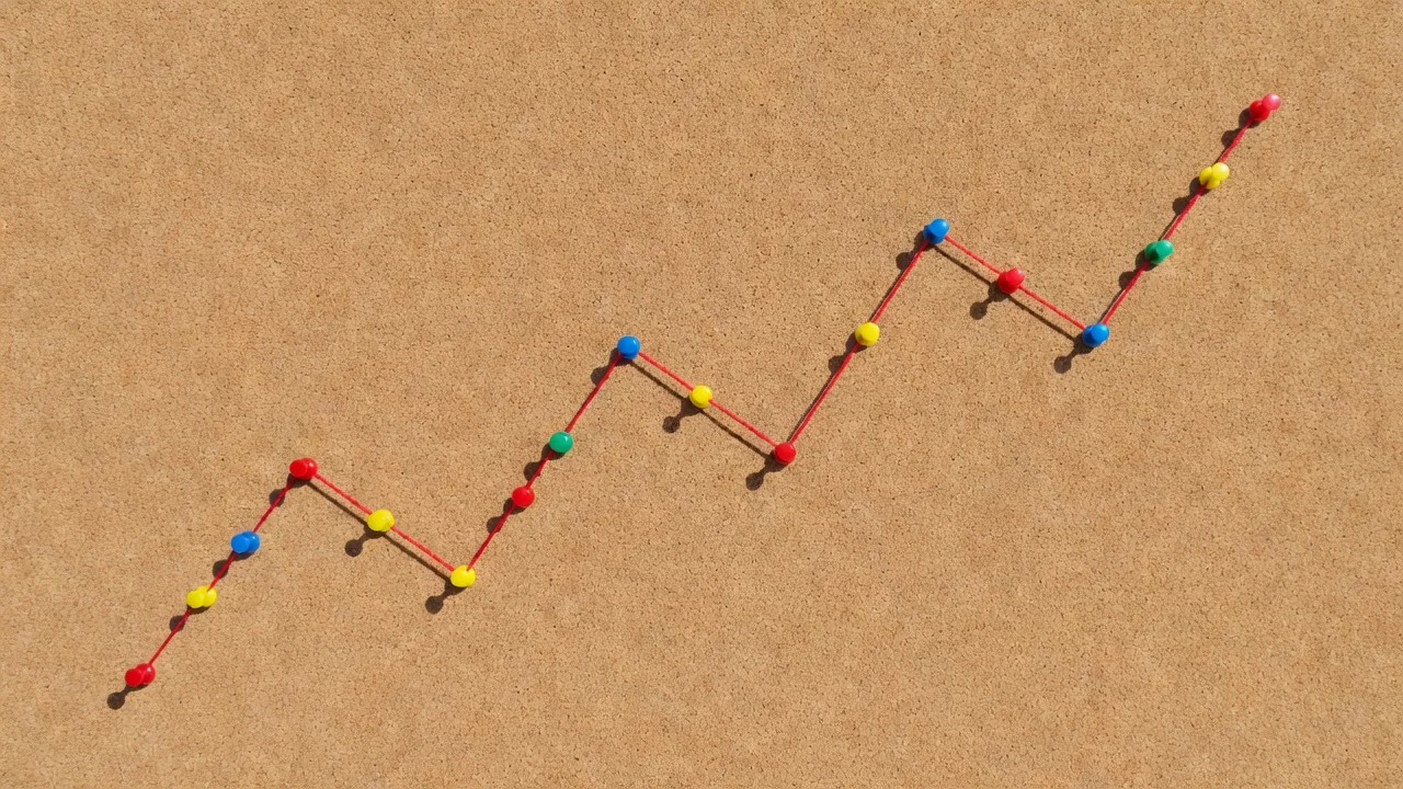 Coloured pins joined by red string forming a rising line on a cork board